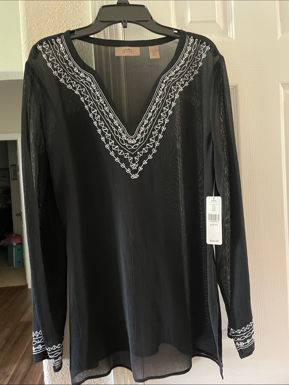I.E. Silk Black Chiffon Sheer Embroidered Sequin Tunic Blouse PL